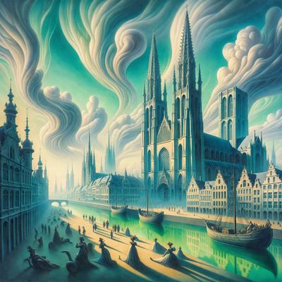 The primary subject of the image is a large, ornate castle with a tall tower. The setting is a cityscape with a river running through it. The visual style is a painting, featuring a mix of colors and mood, including a darker atmosphere.